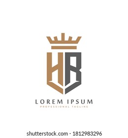 Premium HR Monogram of Two letters H&R. Elegant gold shield initials and crown geometric old retro graphic logo design. alphabet vector elements stock illustration.