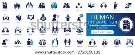 Premium human interaction solid icon set featuring teamwork, social communication, and people connection. High-quality editable vector elements for community and business relationship projects.