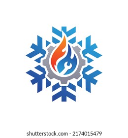 Premium HVAC logo with settings or gear icon. Snowflake, fire, flame, wrench icon