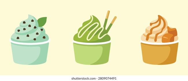 Premium Ice Cream Cup Set with Mint Chocolate Chip, Matcha Green Tea and Caramel Flavors, Flat Vector Frozen Dessert Collection