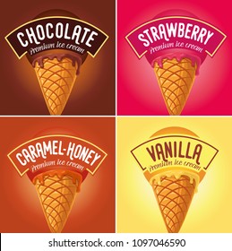 Premium ice cream vector. Chocolate, strawberry, caramel, honey, vanilla. Concept design.