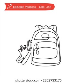 Icono premium de vuelta al concepto escolar. Un dibujo de línea continua de bolso escolar casual y zapatillas de deporte. Ilustración vectorial de dos bolsos de escuela compactos y unas simples zapatillas de deporte. Los zapatos se inclinan contra el lado izquierdo de la bolsa.