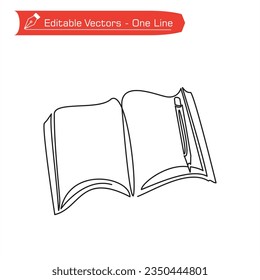 Premium icon back to school line. One continuous line of open books and ballpoint pen on study table. Vector illustration of book and ballpoint pen. Ballpoint pen above right side of book.