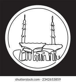 Premium icon of Eid al-Fitr or Eid al-Adha. One line drawing of Prophet's Mosque in Medina with distinctive big umbrella in circle frame and Takbir text in arabic script. Vector illustration.