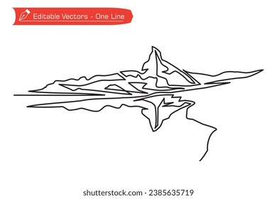 Premium icon - European alps. One continuous line of Matterhorn mountain and its shadow over an alpine river. Vector illustration of Matterhorn, Zermatt, Swiss Alps, Switzerland
