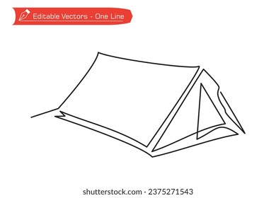Icono de primera calidad - Dirigiendo a la línea del campamento - Una línea continua de imagen de tienda de borde. Ilustración vectorial de una tienda de borde tan espaciosa y adecuada para camping grupal. Icono, símbolo, logotipo, emblema.