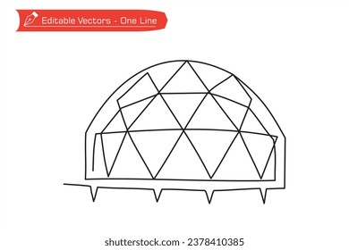 Premium icon - Heading to camp line. Single one line of dome geodesic tent image. 
Vector illustration of geodesic dome tent that is tent was fun for camping. Icon, symbol, logo, emblem for camper.