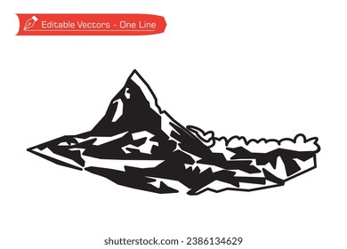 
Premium icon mountain silhouette. One line drawing of foggy Matterhorn mountain in Switzerland. Vector illustration of silhouette Matterhorn mountain above an Alpine stream. Alps, Pennine Alps.