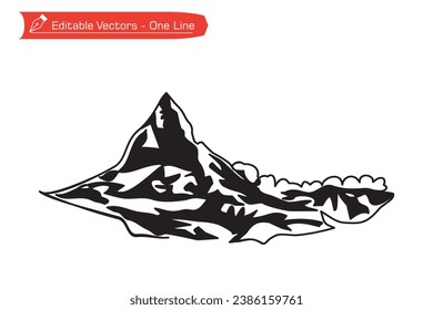 
Premium icon mountain silwet. Silhouette drawing of remote Matterhorn mountain in Switzerland. Vector illustration of foggy Matterhorn mountain above an Alpine stream. Alps, Pennine Alps.