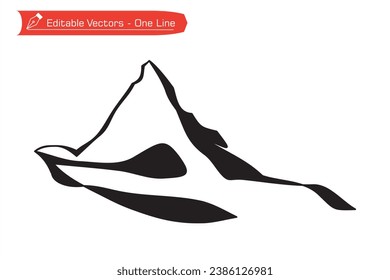 
Premium icon mountain silwet. Simple line drawing of remote Matterhorn mountain in Switzerland. Vector illustration of Matterhorn mountain above an Alpine stream. Alps, Pennine Alps.