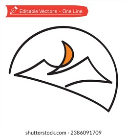 Premium icon of mountains . One continuous line drawing of two mountains and sun with semicircular frame. Vector illustration line art mountains and sun for website design and app development.