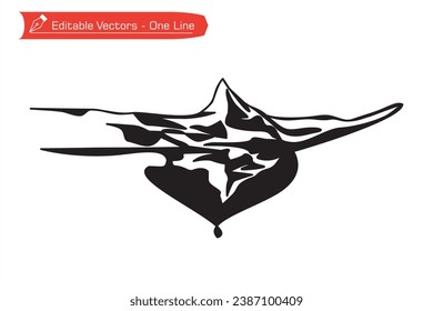 Premium icon mountains silhouette. Black and white of Matterhorn mountain and its shadow over an alpine river. Silhouette Vector illustration of Matterhorn, Zermatt, Swiss Alps, Switzerland.