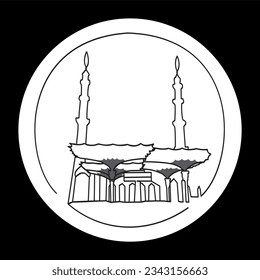 Premium icon of Nabawi Mosque in Madina. One continuous line of Nabawi Mosque drawing in circle frame free line art concept. Vector illustration of image of Nabawi Mosque in Medina.