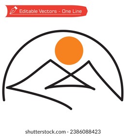 Premium icon. One continuous line drawing of two mountains and sun with semicircular frame. Vector illustration linear mountains and sun for website design and development, app development. 