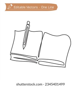 Premium icon open book and pencil. One continuous line of open book and pencil or ballpoint pen with back to school theme. Vector illustration of open book and pencil. Pencil over left side of book.