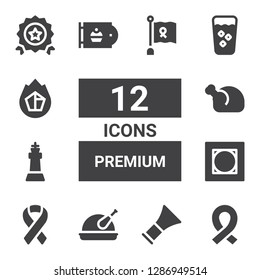 premium icon set. Collection of 12 filled premium icons included Ribbon, Barber, Chicken, Vignette, King, Bakery, Fresh, Charcoal, Quality