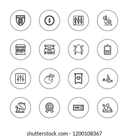 Premium icon set. collection of 16 outline premium icons with badge, bakery, chicken, charcoal, control, controls icons.