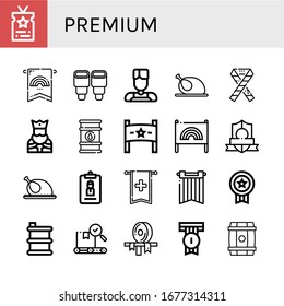 premium icon set. Collection of Vip, Banner, Pastry, Barber, Chicken, Ribbon, King, Oil barrel, Badge, Accreditation, Barrel, Quality icons