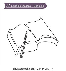 Premium icon thick book and ballpoint pen. One continuous line drawing of open thick book and ballpoint pen. Vector illustration of ballpoint pen resting on bottom right of book.
