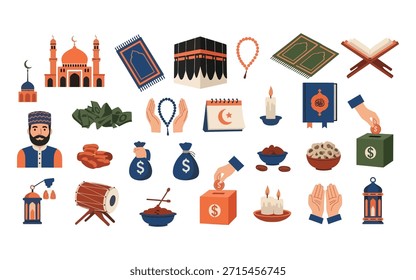 Iconos de Premium con Kaaba, mezquitas, alfombras de oración y cajas de zakat. Vectores de alta calidad para caridad islámica, rituales de Ramadán y marketing de Eid.