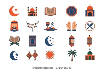 Iconos de Premium con mezquitas, manos de oración, ketupat y lunas. Vectores planos de alta calidad para saludos de Ramadán Kareem y diseño festivo de vacaciones.