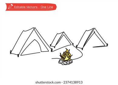 Premium icons - One line camping lovers - One continuous line drawing of 3 classic tents and campfire. Vector illustration of tent and campfire symbol of adventurers. Camper lovers icon.