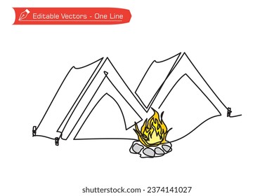 Premium icons - One line camping lovers - One continuous line drawing of 2 tents and campfire. Vector illustration of tent and campfire symbol of adventurers. Camper lovers icon.