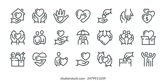 Premium Icons Pack sobre caridad y donaciones. Señales tales como Voluntariado y Compasión, Contribución Filantropía y Patrocinio. Conjunto de iconos vectoriales para Web y contorno de App Trazo editable.