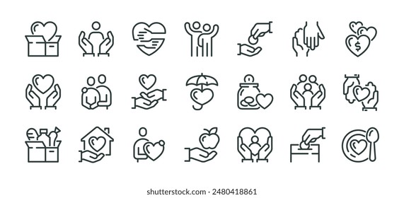 Premium Icons Pack über Wohltätigkeit und Spenden. Solche Line Signs wie Freiwilligenarbeit und Mitgefühl, Philanthropie Beitrag und Sponsoring. Vektor-Icons Set für Web und App Outline Editable Stroke.