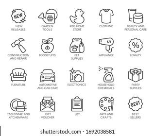 Premium Icons Pack on Department Store, Shop Category. Such Line Signs as Accessories, Supplies, Care. Custom Vector Icons Set for Web and App in Outline Style. Editable Stroke and Pixel Perfect.