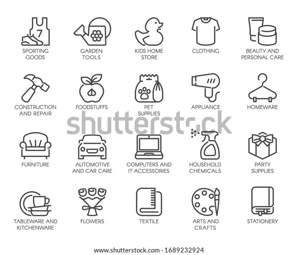 Premium Icons Pack on Department Store, Shop\
Category. Such Line Signs as Kids Home Store, Pet Supplies. Custom\
Vector Icons Set for Web and App in Outline Style. Editable Stroke\
and Pixel Perfect.