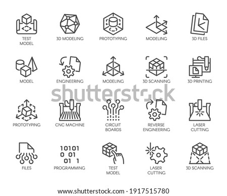 Premium Icons Pack on Engineering, Product Development and Creation. Such Line Signs as Prototyping, 3D Modeling, 3D Scanning. Vector Icons Set for Web and App in Outline Editable Stroke.