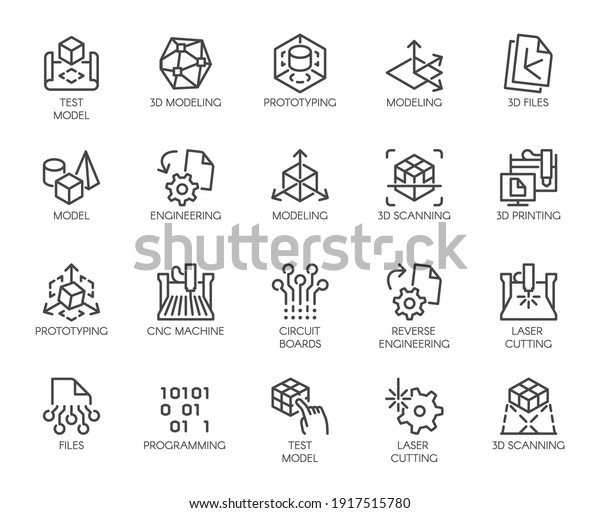 Premium\
Icons Pack on Engineering, Product Development and Creation. Such\
Line Signs as Prototyping, 3D Modeling, 3D Scanning. Vector Icons\
Set for Web and App in Outline Editable\
Stroke.