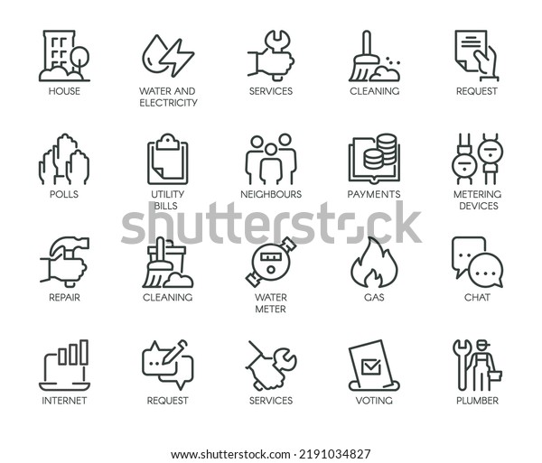 Premium Icons Pack on Housing and Communal\
Services Consumer Services Public Utilities. Such Line Signs as\
Plumbing Work, Cleaning Garbage. Vector Icons Set for Web and App\
in Outline Editable