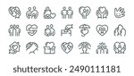 Premium Icons Pack on Human Care and Charity. Such Line Signs as Volunteering and Social Help, Support Kindness and Friendly Relations. Vector Icons Set for Web and App Outline Editable Stroke.