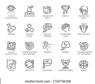 Premium Icons Pack on Human Cognitive Abilities and Preschool Development of Children. Such Line Signs as Fine Motor Skills, Articulation. Vector Icons Set for Web and App in Outline Editable Stroke.