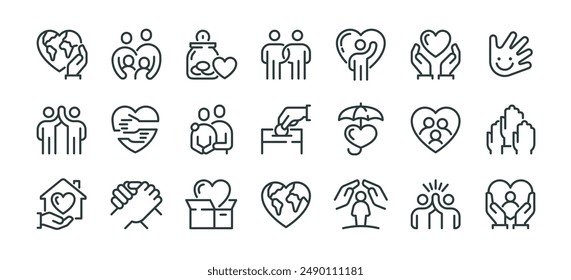 Premium Icons Pack sobre Cuidado Humano y Caridad. Señales tales como el voluntariado y la ayuda social, la amabilidad de la Asistencia y las relaciones amistosas. Conjunto de iconos vectoriales para Web y contorno de App Trazo editable.