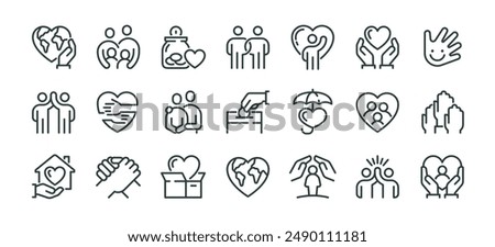 Premium Icons Pack on Human Care and Charity. Such Line Signs as Volunteering and Social Help, Support Kindness and Friendly Relations. Vector Icons Set for Web and App Outline Editable Stroke.