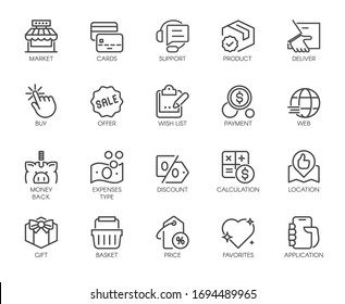 Premium Icons Pack on Shopping, E-commerce, Online Store. Such Line Signs as Market, Support, Calculation. Custom Vector Icons Set for Web and App in Outline Style. Editable Stroke and Pixel Perfect.