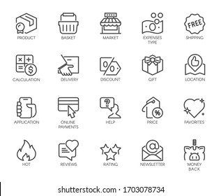 Premium Icons Pack on Shopping, E-commerce, Online Store. Such Line Signs as Free, Expenses, Discount. Custom Vector Icons Set for Web and App in Outline Style. Editable Stroke and Pixel Perfect.