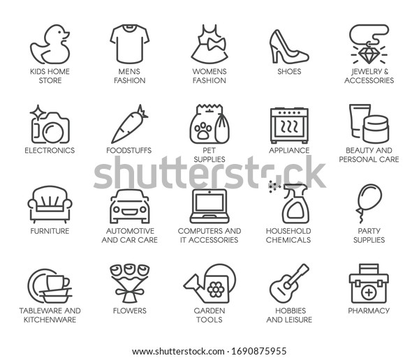 Premium Icons Pack on Shopping Mall Wayfinding ,\
Shop Category. Appliance, Accessories, Supplies, Care. Custom\
Vector Icons Set for Web and App in Outline Style. Editable Stroke\
and Pixel Perfect.