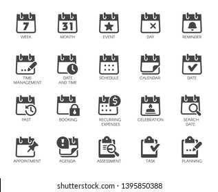 Premium Icons Pack on Time Management Such Solid Signs as Calendar, Time and Date, Month, Schedule, Event, Appointment, Day. Custom Vector Icons Set for Web and App in Glyph Style. Pixel Perfect 48x48