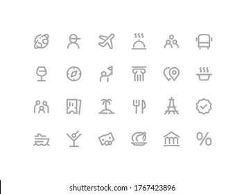 Premium Icons Pack on Travel and Tourism, Cruise Options, Tour. Such Line Signs as Guide, Flights, Excursions, Beach, Tickets. Vector Thin Icons Set for Web and App in Outline Style Editable Stroke.