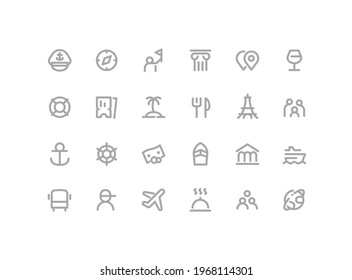 Premium Icons Pack on Travel and Tourism, Cruise Options, Tour. Such Line Signs as Guide, Flights, Excursions, Beach, Tickets. Vector Thin Icons Set for Web and App in Outline Style Editable Stroke.