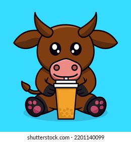 Premium illustration of cute cow and chibi animal
