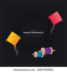 Ilustración premium del festival Happy Makar Sankranti Holiday India, fondo lujoso oscuro del tema Makar Sankranti.