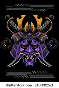 premium illustration of japanese oni mask samurai with futuristic ornament for shirt design