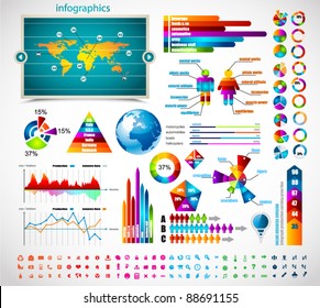 Premium infographics master collection: graphs, histograms, arrows, chart, 3D globe, icons and a lot of related design elements.