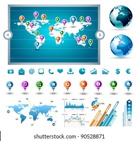 Premium infographics master collection: graphs, histograms, arrows, chart, 3D globe, icons and a lot of related design elements.
