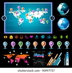 Premium infographics master collection: graphs, histograms, arrows, chart, 3D globe, icons and a lot of related design elements.